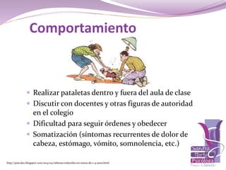 Comportamiento
 Realizar pataletas dentro y fuera del aula de clase
 Discutir con docentes y otras figuras de autoridad
en el colegio
 Dificultad para seguir órdenes y obedecer
 Somatización (síntomas recurrentes de dolor de
cabeza, estómago, vómito, somnolencia, etc.)
http://psicolax.blogspot.com/2014/04/rabietas-infantiles-en-ninos-de-1-4-anos.html
 
