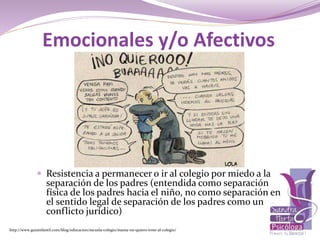 Emocionales y/o Afectivos
 Resistencia a permanecer o ir al colegio por miedo a la
separación de los padres (entendida como separación
física de los padres hacia el niño, no como separación en
el sentido legal de separación de los padres como un
conflicto jurídico)
http://www.guiainfantil.com/blog/educacion/escuela-colegio/mama-no-quiero-irme-al-colegio/
 