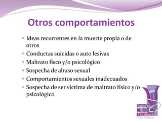  Ideas recurrentes en la muerte propia o de
otros
 Conductas suicidas o auto lesivas
 Maltrato fisco y/o psicológico
 Sospecha de abuso sexual
 Comportamientos sexuales inadecuados
 Sospecha de ser víctima de maltrato físico y/o
psicológico
Otros comportamientos
 