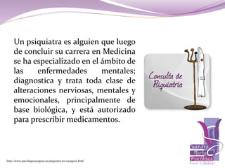 Un psiquiatra es alguien que luego
de concluir su carrera en Medicina
se ha especializado en el ámbito de
las enfermedades mentales;
diagnostica y trata toda clase de
alteraciones nerviosas, mentales y
emocionales, principalmente de
base biológica, y está autorizado
para prescribir medicamentos.
http://www.psicologiazaragoza.es/psiquiatra-en-zaragoza.html
 