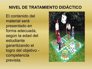 NIVEL DE TRATAMIENTO DIDÁCTICO

El contenido del
material será
presentado en
forma adecuada,
según la edad del
estudiante
garantizando el
logro del objetivo -
competencia
prevista.
 