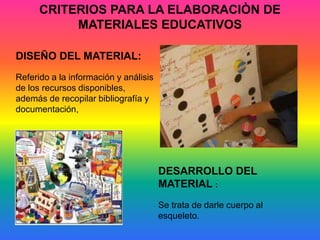 CRITERIOS PARA LA ELABORACIÒN DE
           MATERIALES EDUCATIVOS

DISEÑO DEL MATERIAL:
Referido a la información y análisis
de los recursos disponibles,
además de recopilar bibliografía y
documentación,




                                       DESARROLLO DEL
                                       MATERIAL :
                                       Se trata de darle cuerpo al
                                       esqueleto.
 