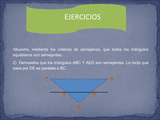 EJERCICIOS   Muestra, mediante los criterios de semejanza, que todos los triángulos equiláteros son semejantes. 2)  Demuestra que los triángulos ABC Y AED son semejantes. La recta que pasa por DE es paralela a BC. 