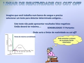Imagine que você trabalha num banco de sangue e precisa
selecionar um teste para detectar determinado antígeno...
Onde seria o limiar de reatividade ou cut off?
Ponto de máxima sensibilidade
Pode aumentar o número
de resultados FALSO-
POSITIVOS!!
Este teste não pode apresentar resultados falso-negativos
Então deverá ter máxima.... SENSIBILIDADE !!! Portanto:
 