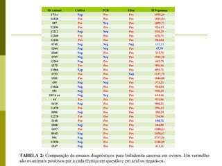 ID Animal
174 c
12128
107
12194
12212
12260
12146
1749
1264
2460
1727
12264
1375
11066
1753
1581
435
11028
551
105 b as
44
1419
11478
5096
12278
1148
TABELA
1068
linfadenite
1697
8162
991
12238
1547

Cultivo
PCR
Neg
Pos
Pos
Pos
Pos
Neg
Pos
Pos
Neg
Neg
Pos
Pos
Pos
Pos
Neg
Neg
Neg
Neg
Neg
Pos
Neg
Neg
Neg
Pos
Pos
Pos
Neg
Pos
Pos
Pos
Pos
Pos
Neg
Neg
Neg
Pos
Neg
Pos
Neg
Neg
Pos
Pos
Neg
Pos
Pos
Pos
Neg
Pos
Pos
Pos
Pos
2: ComparaçãoPosde
Neg
caseosa em ovinosPos
Pos
Pos
Neg
Pos
Neg
Pos
Neg
Pos
Neg
Pos

Elisa
Pos
Pos
Pos
Pos
Pos
Pos
Pos
Neg
Pos
Pos
Pos
Pos
Pos
Pos
Neg
Pos
Pos
Pos
Pos
Pos
Pos
Pos
Pos
Pos
Pos
Pos
ensaios
Pos
Pos
Pos
Pos
Pos
Pos

IFN-gamma
1095,29
1069,04
1005,71
926,13
930,29
670,71
584,04
191,13
47,79
315,71
1102,38
442,79
996,96
895,71
1137,79
1044,88
373,21
964,04
950,29
614,46
931,96
998,21
596,13
390,29
736,96
150,71
diagnósticos para
284,88
1208,63
2458,67
2717,56
2340,89
413,11

TABELA 2: Comparação de ensaios diagnósticos para linfadenite caseosa em ovinos. Em vermelho
são os animais positivos par a cada técnica em questão e em azul os negativos .

 
