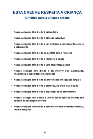 ESTA CRECHE RESPEITA A CRIANÇA
             Critérios para a unidade creche



•	 Nossas crianças têm direito à brincadeira

•	 Nossas crianças têm direito à atenção individual

•	 Nossas crianças têm direito a um ambiente aconchegante, seguro
   e estimulante

•	 Nossas crianças têm direito ao contato com a natureza

•	 Nossas crianças têm direito a higiene e à saúde

•	 Nossas crianças têm direito a uma alimentação sadia

•	 Nossas crianças têm direito a desenvolver sua curiosidade,
   imaginação e capacidade de expressão

•	 Nossas crianças têm direito ao movimento em espaços amplos

•	 Nossas crianças têm direito à proteção, ao afeto e à amizade

•	 Nossas crianças têm direito a expressar seus sentimentos

•	 Nossas crianças têm direito a uma especial atenção durante seu
   período de adaptação à creche

•	 Nossas crianças têm direito a desenvolver sua identidade cultural,
   racial e religiosa




                               13
 