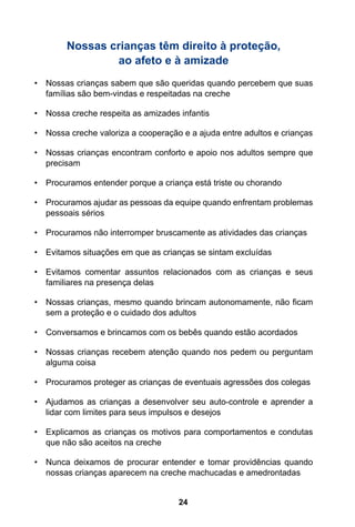 Nossas crianças têm direito à proteção,
                ao afeto e à amizade
•	 Nossas crianças sabem que são queridas quando percebem que suas
   famílias são bem-vindas e respeitadas na creche

•	 Nossa creche respeita as amizades infantis

•	 Nossa creche valoriza a cooperação e a ajuda entre adultos e crianças

•	 Nossas crianças encontram conforto e apoio nos adultos sempre que
   precisam

•	 Procuramos entender porque a criança está triste ou chorando

•	 Procuramos ajudar as pessoas da equipe quando enfrentam problemas
   pessoais sérios

•	 Procuramos não interromper bruscamente as atividades das crianças

•	 Evitamos situações em que as crianças se sintam excluídas

•	 Evitamos comentar assuntos relacionados com as crianças e seus
   familiares na presença delas

•	 Nossas crianças, mesmo quando brincam autonomamente, não ficam
   sem a proteção e o cuidado dos adultos

•	 Conversamos e brincamos com os bebês quando estão acordados

•	 Nossas crianças recebem atenção quando nos pedem ou perguntam
   alguma coisa

•	 Procuramos proteger as crianças de eventuais agressões dos colegas

•	 Ajudamos as crianças a desenvolver seu auto-controle e aprender a
   lidar com limites para seus impulsos e desejos

•	 Explicamos as crianças os motivos para comportamentos e condutas
   que não são aceitos na creche

•	 Nunca deixamos de procurar entender e tomar providências quando
   nossas crianças aparecem na creche machucadas e amedrontadas


                                     24
 