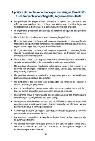 A política de creche reconhece que as crianças têm direito
   a um ambiente aconchegante, seguro e estimulante
•	 Os profissionais responsáveis elaboram projetos de construção ou
   reforma dos prédios das creches que visam em primeiro lugar as
   necessidades, o bem-estar e o desenvolvimento das crianças
•	 O orçamento possibilita construção ou reforma adequada dos prédios
   das creches
•	 Os prédios das creches recebem manutenção periódica
•	 O orçamento das creches prevê compra, reposição e manutenção de
   mobiliário, equipamentos e materiais necessários para que os ambientes
   sejam aconchegantes, seguros e estimulantes
•	 O orçamento das creches prevê compra, reposição e manutenção de
   roupas necessárias para as crianças dormirem, se trocarem em caso
   de imprevistos e se lavarem
•	 Os prédios contam com espaço interno e externo adequado ao número
   de crianças atendidas e às necessidades de sua faixa etária
•	 Os prédios oferecem condições adequadas para o bem-estar e o
   conforto da crianças: insolação, iluminação, ventilação, sonorização,
   esgoto e água potável
•	 Os prédios oferecem condições adequadas para as necessidades
   profissionais e pessoais dos adultos
•	 Os ambientes das creches são adequados às funções de educar e
   cuidar de crianças pequenas
•	 As creches dispõem de espaços externos sombreados, sem entulho,
   lixo, ou outras situações que ofereçam perigo às crianças
•	 O programa prevê a manutenção dos espaços verdes das creches para
   que ofereçam condições de uso sem perigo
•	 Os espaços internos das creches, seu mobiliário e o material disponível
   permitem que a criança brinque, durma, aprenda, se alimente, vá ao
   banheiro, se lave e tenha privacidade
•	 As creches dispõem de mesas, cadeiras, mamadeiras, pratos e talheres
   para as crianças se alimentarem
•	 As creches respeitam a regulamentação local sobre normas de
   segurança e higiene
•	 Os adultos recebem formação prévia e em serviço sobre como criar,
   arrumar conservar e usar um ambiente aconchegante, seguro e
   estimulante para as crianças

                                 35
 
