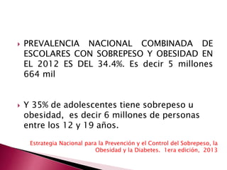  PREVALENCIA NACIONAL COMBINADA DE 
ESCOLARES CON SOBREPESO Y OBESIDAD EN 
EL 2012 ES DEL 34.4%. Es decir 5 millones 
664 mil 
 Y 35% de adolescentes tiene sobrepeso u 
obesidad, es decir 6 millones de personas 
entre los 12 y 19 años. 
Estrategia Nacional para la Prevención y el Control del Sobrepeso, la 
Obesidad y la Diabetes. 1era edición, 2013 
 