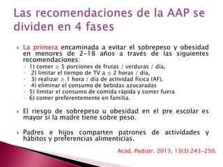  La primera encaminada a evitar el sobrepeso y obesidad 
en menores de 2-18 años a través de las siguientes 
recomendaciones: 
◦ 1) comer ≥ 5 porciones de frutas / verduras / día, 
◦ 2) limitar el tiempo de TV a ≤ 2 horas / día, 
◦ 3) realizar ≥ 1 hora / día de actividad física (AF), 
◦ 4) eliminar el consumo de bebidas azucaradas 
◦ 5) limitar el consumo de comida rápida y comer fuera 
◦ 6) comer preferentemente en familia. 
 El riesgo de sobrepeso u obesidad en el pre escolar es 
mayor si la madre tiene sobre peso. 
 Padres e hijos comparten patrones de actividades y 
hábitos y preferencias alimenticias. 
Acad. Pediatr. 2013; 13(3):243-250. 
 