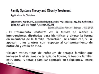 • El tratamiento centrado en la familia se refiere a 
intervenciones diseñadas para identificar y alterar la forma 
en miembros de la familia interactúan, se comunican, y se 
apoyan unos a otros con respecto al comportamiento de 
nutrición y estilo de vida. 
•Existen varios tipos de enfoques de terapia familiar que 
incluyen la el sistema de terapia de Bowen, la terapia familiar 
estructural, y terapia familiar centrada en soluciones, entre 
otros. 
 