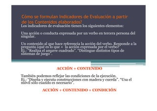 Cómo se formulan Indicadores de Evaluación a partirCómo se formulan Indicadores de Evaluación a partir
de los Contenidos elaborados?
Los indicadores de evaluación tienen los siguientes elementos:
Una acción o conducta expresada por un verbo en tercera persona del
singular.
U t id l h f i l ió d l b R d lUn contenido al que hace referencia la acción del verbo. Responde a la
pregunta ¿qué es lo que + la acción expresada por el verbo?
Ej.: “Realiza el amarre cuadrado”. “Distingue distintos tipos de
sistemas de juego”.j g
ACCIÓN + CONTENIDOACCIÓN + CONTENIDO
También podemos reflejar las condiciones de la ejecución.
Ej.: “Diseña y ejecuta construcciones con madera y cuerda”. “Usa elEj.: Diseña y ejecuta construcciones con madera y cuerda . Usa el
móvil sólo cuando es necesario”.
ACCIÓN + CONTENIDO + CONDICIÓN
 