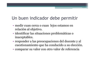 Un buen indicador debe permitirUn buen indicador debe permitir
• medir cuan cerca o cuan lejos estamos en• medir cuan cerca o cuan lejos estamos en
relación al objetivo.
• identificar las situaciones problemáticas o• identificar las situaciones problemáticas o
inaceptables.
• responder a las preocupaciones del docente y al• responder a las preocupaciones del docente y al
cuestionamiento que ha conducido a su elección.
comparar su valor con otro valor de referencia• comparar su valor con otro valor de referencia
 
