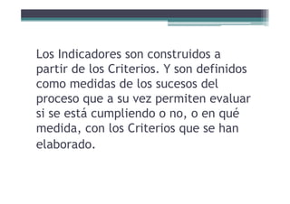 Los Indicadores son construidos aLos Indicadores son construidos a
partir de los Criterios. Y son definidos
d d d l d lcomo medidas de los sucesos del
proceso que a su vez permiten evaluarproceso que a su vez permiten evaluar
si se está cumpliendo o no, o en qué
did l C it i hmedida, con los Criterios que se han
elaborado.elaborado.
 
