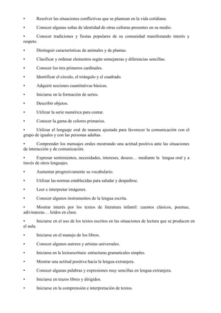 • Resolver las situaciones conflictivas que se plantean en la vida cotidiana.
• Conocer algunas señas de identidad de otras culturas presentes en su medio.
• Conocer tradiciones y fiestas populares de su comunidad manifestando interés y
respeto.
• Distinguir características de animales y de plantas.
• Clasificar y ordenar elementos según semejanzas y diferencias sencillas.
• Conocer los tres primeros cardinales.
• Identificar el círculo, el triángulo y el cuadrado.
• Adquirir nociones cuantitativas básicas.
• Iniciarse en la formación de series.
• Describir objetos.
• Utilizar la serie numérica para contar.
• Conocer la gama de colores primarios.
• Utilizar el lenguaje oral de manera ajustada para favorecer la comunicación con el
grupo de iguales y con las personas adultas.
• Comprender los mensajes orales mostrando una actitud positiva ante las situaciones
de interacción y de comunicación.
• Expresar sentimientos, necesidades, intereses, deseos… mediante la lengua oral y a
través de otros lenguajes.
• Aumentar progresivamente su vocabulario.
• Utilizar las normas establecidas para saludar y despedirse.
• Leer e interpretar imágenes.
• Conocer algunos instrumentos de la lengua escrita.
• Mostrar interés por los textos de literatura infantil: cuentos clásicos, poemas,
adivinanzas… leídos en clase.
• Iniciarse en el uso de los textos escritos en las situaciones de lectura que se producen en
el aula.
• Iniciarse en el manejo de los libros.
• Conocer algunos autores y artistas universales.
• Iniciarse en la lectoescritura: estructuras gramaticales simples.
• Mostrar una actitud positiva hacia la lengua extranjera.
• Conocer algunas palabras y expresiones muy sencillas en lengua extranjera.
• Iniciarse en trazos libres y dirigidos.
• Iniciarse en la comprensión e interpretación de textos.
 