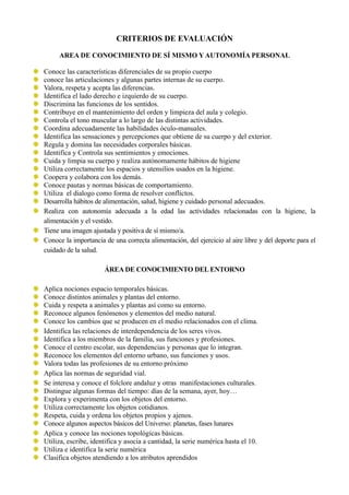 CRITERIOS DE EVALUACIÓN
AREA DE CONOCIMIENTO DE SÍ MISMO Y AUTONOMÍA PERSONAL
Conoce las características diferenciales de ...