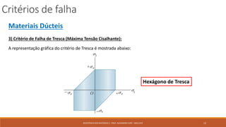 Critérios de falha
12RESISTÊNCIA DOS MATERIAIS 2 - PROF. ALEXANDRE CURY - MAC/UFJF
Materiais Dúcteis
3) Critério de Falha de Tresca (Máxima Tensão Cisalhante):
A representação gráfica do critério de Tresca é mostrada abaixo:
Hexágono de Tresca
 
