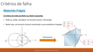 Critérios de falha
8RESISTÊNCIA DOS MATERIAIS 2 - PROF. ALEXANDRE CURY - MAC/UFJF
Materiais Frágeis
2) Critério de Falha de Mohr (ou Mohr-Coulomb):
• Pode-se, ainda, considerar um terceiro ensaio: o de torção.
• Neste caso, um terceiro círculo é construído e uma envoltória é traçada:
131

rcrt 



131

rcrt 



Graficamente
 