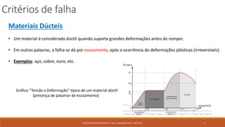 Critérios de falha
9RESISTÊNCIA DOS MATERIAIS 2 - PROF. ALEXANDRE CURY - MAC/UFJF
Materiais Dúcteis
• Um material é considerado dúctil quando suporta grandes deformações antes de romper.
• Em outras palavras, a falha se dá por escoamento, após a ocorrência de deformações plásticas (irreversíveis).
• Exemplos: aço, cobre, ouro, etc.
Gráfico “Tensão x Deformação” típico de um material dúctil
(presença de patamar de escoamento)
 