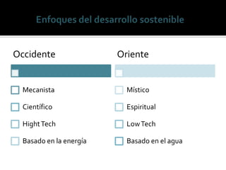 Occidente                Oriente


  Mecanista                Místico

  Científico               Espiritual

  Hight Tech               Low Tech

  Basado en la energía     Basado en el agua
 