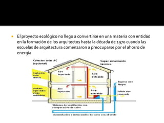    El proyecto ecológico no llego a convertirse en una materia con entidad
    en la formación de los arquitectos hasta la década de 1970 cuando las
    escuelas de arquitectura comenzaron a preocuparse por el ahorro de
    energía
 