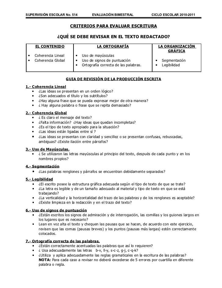 Criterios para evaluar escritura