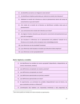 3)    ¿Se identificó una teoría o se integraron varias teorías? 

              4)    ¿Se identificaron hipótesis potenciales por medio de la revisión de la literatura? 

              5)    ¿Mediante la revisión de la literatura se ubicó el planteamiento dentro del campo de 
                    conocimiento en que está inserto? 

              6)    ¿Por  medio  de  la  revisión  de  la  literatura  se  identificaron  variables  claves  para  el 
                    planteamiento? 

              7)    ¿Las conclusiones de la revisión de la literatura son claras? 

              8)    ¿Se eligieron fuentes relevantes que demuestren conocimiento del planteamiento por 
                    parte del investigador? 

              9)    ¿Se  vincularon  la  referencias  con  el  planteamiento  del  problema?  (relación  de  la 
                    literatura con el estudio, tanto conceptual como metodológicamente) 

              10) ¿Las referencias son de actualidad? (recientes) 

              11) ¿Las referencias están basadas en estudios que obtuvieron datos empíricos? 

              12) ¿Las referencias se citan apropiadamente? 

        
        
Rubro: hipótesis y variables.   

            1)     ¿Se  identificaron  las  variables  de  manera  apropiada?  (dependiente,  independiente,  de 
                   control, interviniente, etcétera) 

            2)     ¿Las definiciones conceptuales son exactas y precisas? 

            3)     ¿Las definiciones conceptuales son claras? 

            4)     ¿Las definiciones operacionales son precisas y exactas? 

            5)     ¿Las definiciones operacionales son claras? 

            6)     En  experimentos:  ¿se  controlaron  las  variables  independientes?  (¿las  de  interés  y  las 
                                                                4
                   que se pretende controlar su influencia?)  

            7)     ¿Constituye(n)  la(s)  hipótesis  una  respuesta(s)  tentativa(s)  a  la(s)  pregunta(s)  de 


4
     Este criterio podría ser incluido en el rubro de diseño en experimentos. 




                                                                                                                  15
 