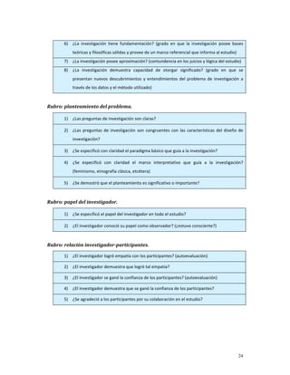 6)       ¿La  investigación  tiene  fundamentación?  (grado  en  que  la  investigación  posee  bases 
                  teóricas y filosóficas sólidas y provee de un marco referencial que informa al estudio) 
         7)       ¿La investigación posee aproximación? (contundencia en los juicios y lógica del estudio) 
         8)       ¿La  investigación  demuestra  capacidad  de  otorgar  significado?  (grado  en  que  se 
                  presentan  nuevos  descubrimientos  y  entendimientos  del  problema  de  investigación  a 
                  través de los datos y el método utilizado) 

 
Rubro: planteamiento del problema.    

         1)       ¿Las preguntas de investigación son claras? 

         2)       ¿Las  preguntas  de  investigación  son  congruentes  con  las  características  del  diseño  de 
                  investigación? 

         3)       ¿Se especificó con claridad el paradigma básico que guía a la investigación? 

         4)       ¿Se  especificó  con  claridad  el  marco  interpretativo  que  guía  a  la  investigación? 
                  (feminismo, etnografía clásica, etcétera) 

         5)       ¿Se demostró que el planteamiento es significativo o importante? 

 
Rubro: papel del investigador. 

         1)       ¿Se especificó el papel del investigador en todo el estudio? 

         2)       ¿El investigador conoció su papel como observador? (¿estuvo consciente?) 

               
Rubro: relación investigador­participantes.                                

         1)       ¿El investigador logró empatía con los participantes? (autoevaluación) 

         2)       ¿El investigador demuestra que logró tal empatía? 

         3)       ¿El investigador se ganó la confianza de los participantes? (autoevaluación) 

         4)       ¿El investigador demuestra que se ganó la confianza de los participantes?  

         5)       ¿Se agradeció a los participantes por su colaboración en el estudio? 
 
 
 




                                                                                                               24
 