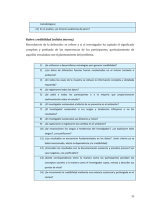 metodológica) 
        21) En el análisis, ¿se hicieron auditorías de pares? 

 
Rubro: credibilidad (validez interna).        
Recordatorio  de  la  definición:  se  refiere  a  si  el  investigador  ha  captado  el  significado 
completo  y  profundo  de  las  experiencias  de  los  participantes,  particularmente  de 
aquellas vinculadas con el planteamiento del problema. 
     
             1)   ¿Se utilizaron o desarrollaron estrategias para generar credibilidad? 
             2)   ¿Los  datos  de  diferentes  fuentes  fueron  recolectados  en  el  mismo  contexto  o 
                  ambiente? 
             3)   ¿En  todos  los  casos  de  la  muestra  se  obtuvo  la  información  completa  y  detallada 
                  requerida? 
             4)   ¿Se registraron todos los datos? 
             5)   ¿Se  pidió  a  todos  los  participantes  o  a  la  mayoría  que  proporcionaran 
                  realimentación sobre el estudio?  
             6)   ¿El investigador autoevaluó el efecto de su presencia en el ambiente? 
             7)   ¿El  investigador  autoevaluó  si  sus  sesgos  y  tendencias  influyeron  o  no  los 
                  resultados? 
             8)   ¿El investigador autoevaluó sus bitácoras y notas? 
             9)   ¿Se capturaron o registraron los cambios en el ambiente? 
             10) ¿Se  reconocieron  los  sesgos  o  tendencias  del  investigador?,  ¿se  explicaron  tales 
                  sesgos?, ¿se justificaron? 
             11) ¿Los  resultados  se  encuentran  fundamentados  en  los  datos?    (este  criterio  ya  se 
                  había mencionado, afecta la dependencia y la credibilidad). 
             12) ¿Coinciden  los  resultados  con  la  documentación  existente  y  estudios  previos?  (en 
                  caso negativo, ¿es justificable?) 
             13) ¿Existe  correspondencia  entre  la  manera  como  los  participantes  perciben  los 
                  conceptos  sociales  y  la  manera  como  el  investigador  capta,  retrata  y  describe  sus 
                  puntos de vista? 
             14) ¿Se incrementó la credibilidad mediante una estancia sustancial y prolongada en el 
                  campo? 




                                                                                                            29
 