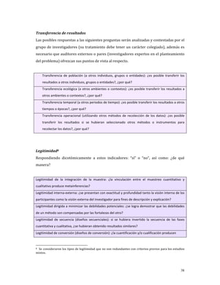 Transferencia de resultados 
Las posibles respuestas a las siguientes preguntas serán analizadas y contestadas por el 
grupo de investigadores (su tratamiento debe tener un carácter colegiado), además es 
necesario que auditores externos o pares (investigadores expertos en el planteamiento 
del problema) ofrezcan sus puntos de vista al respecto. 
            
    Transferencia  de  población  (a  otros  individuos,  grupos  o  entidades):  ¿es  posible  transferir  los 
    resultados a otros individuos, grupos o entidades?, ¿por qué?  
    Transferencia  ecológica  (a  otros  ambientes  o  contextos):  ¿es  posible  transferir  los  resultados  a 
    otros ambientes o contextos?, ¿por qué? 
    Transferencia temporal (a otros periodos de tiempo): ¿es posible transferir los resultados a otros 
    tiempos o épocas?, ¿por qué? 
    Transferencia  operacional  (utilizando  otros  métodos  de  recolección  de  los  datos):  ¿es  posible 
    transferir  los  resultados  si  se  hubieran  seleccionado  otros  métodos  o  instrumentos  para 
    recolectar los datos?, ¿por qué? 

            
            
Legitimidad8 
Respondiendo  dicotómicamente  a  estos  indicadores:  “sí”  o  “no”,  así  como:  ¿de  qué 
manera? 
            
Legitimidad  de  la  integración  de  la  muestra:  ¿la  vinculación  entre  el  muestreo  cuantitativo  y 
cualitativo produce metainferencias? 
Legitimidad interna‐externa: ¿se presentan con exactitud y profundidad tanto la visión interna de los 
participantes como la visión externa del investigador para fines de descripción y explicación? 
Legitimidad dirigida a minimizar las debilidades potenciales: ¿se logra demostrar que las debilidades 
de un método son compensadas por las fortalezas del otro? 
Legitimidad  de  secuencia  (diseños  secuenciales):  si  se  hubiera  invertido  la  secuencia  de  las  fases 
cuantitativa y cualitativa, ¿se hubieran obtenido resultados similares? 
Legitimidad de conversión (diseños de conversión): ¿la cuantificación y/o cualificación producen 



8  Se consideraron los tipos de legitimidad que no son redundantes con criterios previos para los estudios 

mixtos. 




                                                                                                             38
 
