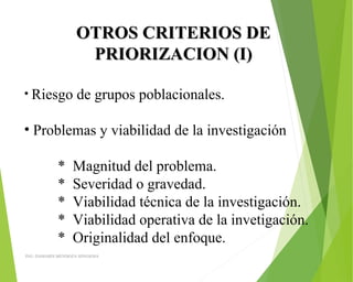 OTROS CRITERIOS DEOTROS CRITERIOS DE
PRIORIZACION (I)PRIORIZACION (I)
• Riesgo de grupos poblacionales.
• Problemas y viabilidad de la investigación
         *  Magnitud del problema.
         *  Severidad o gravedad.
         *  Viabilidad técnica de la investigación.
         *  Viabilidad operativa de la invetigación.
         *  Originalidad del enfoque.
ING: DAMARIS MENDOZA HINOJOSA
 