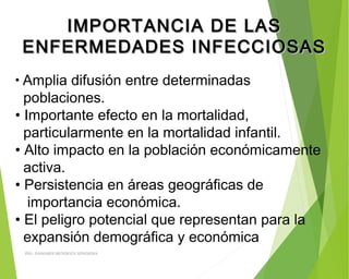 IMPORTANCIA DE LASIMPORTANCIA DE LAS
ENFERMEDADES INFECCIOSASENFERMEDADES INFECCIOSAS
• Amplia difusión entre determinadas
poblaciones.
• Importante efecto en la mortalidad,
particularmente en la mortalidad infantil.
• Alto impacto en la población económicamente
activa.
• Persistencia en áreas geográficas de
importancia económica.
• El peligro potencial que representan para la
expansión demográfica y económica
ING: DAMARIS MENDOZA HINOJOSA
 