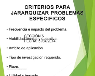 CRITERIOS PARACRITERIOS PARA
JARARQUIZAR PROBLEMASJARARQUIZAR PROBLEMAS
ESPECIFICOSESPECIFICOS
• Frecuencia e impacto del problema.
• Viabilidad técnica y operativa.
• Ambito de aplicación.
• Tipo de investigación requerido.
• Plazo.
SECCIÓN 5
FECHA: 5 /04/2014
ING: DAMARIS MENDOZA HINOJOSA
 