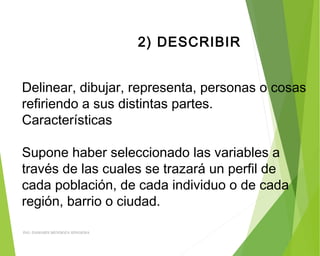 2) DESCRIBIR
Delinear, dibujar, representa, personas o cosas
refiriendo a sus distintas partes.
Características
Supone haber seleccionado las variables a
través de las cuales se trazará un perfil de
cada población, de cada individuo o de cada
región, barrio o ciudad.
ING: DAMARIS MENDOZA HINOJOSA
 