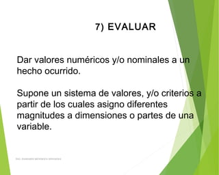 7) EVALUAR
Dar valores numéricos y/o nominales a un
hecho ocurrido.
Supone un sistema de valores, y/o criterios a
partir de los cuales asigno diferentes
magnitudes a dimensiones o partes de una
variable.
ING: DAMARIS MENDOZA HINOJOSA
 