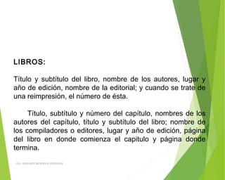 LIBROS:
 
Título y subtítulo del libro, nombre de los autores, lugar y
año de edición, nombre de la editorial; y cuando se trate de
una reimpresión, el número de ésta.
 
Título, subtítulo y número del capítulo, nombres de los
autores del capítulo, título y subtítulo del libro; nombre de
los compiladores o editores, lugar y año de edición, página
del libro en donde comienza el capitulo y página donde
termina.
ING: DAMARIS MENDOZA HINOJOSA
 