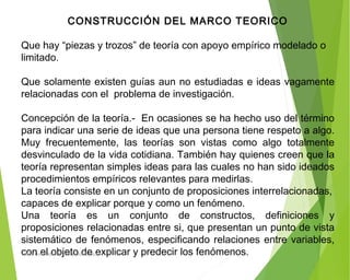 CONSTRUCCIÓN DEL MARCO TEORICO
 
Que hay “piezas y trozos” de teoría con apoyo empírico modelado o
limitado.
 
Que solamente existen guías aun no estudiadas e ideas vagamente
relacionadas con el problema de investigación.
 
Concepción de la teoría.- En ocasiones se ha hecho uso del término
para indicar una serie de ideas que una persona tiene respeto a algo.
Muy frecuentemente, las teorías son vistas como algo totalmente
desvinculado de la vida cotidiana. También hay quienes creen que la
teoría representan simples ideas para las cuales no han sido ideados
procedimientos empíricos relevantes para medirlas.
La teoría consiste en un conjunto de proposiciones interrelacionadas,
capaces de explicar porque y como un fenómeno.
Una teoría es un conjunto de constructos, definiciones y
proposiciones relacionadas entre si, que presentan un punto de vista
sistemático de fenómenos, especificando relaciones entre variables,
con el objeto de explicar y predecir los fenómenos.ING: DAMARIS MENDOZA HINOJOSA
 