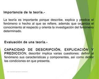 Importancia de la teoría.-
La teoría es importante porque describe, explica y predice el
fenómeno o hecho al que se refiere, además que organiza el
conocimiento al respecto y orienta la investigación del fenómeno
determinado.
Evaluación de una teoría.-
 
CAPACIDAD DE DESCRIPCIÓN, EXPLICACIÓN Y
PREDICCIÓN, describir implica varias cuestiones: definir al
fenómeno sus características y componentes, así como definir
las condiciones en que presenta.
ING: DAMARIS MENDOZA HINOJOSA
 