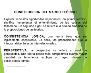 CONSTRUCCIÓN DEL MARCO TEÓRICO
 
Explicar tiene dos significados importantes; en primer término,
significa incrementar el entendimiento de las causas del
fenómeno. En segundo lugar, se refiere a la prueba empírica de
la preposiciones de las teorías.
 
CONSISTENCIA LÓGICA, una teoría tiene que ser
lógicamente consistente. Es decir, las proposiciones que la
integran deberán estar interrelacionadas.
 
PERSPECTIVA, la perspectiva se refiere al nivel de
generalidad. Una teoría posee más perspectivas cuanto mayor
cantidad de fenómenos explique y mayor número de
aplicaciones admite.
 
ING: DAMARIS MENDOZA HINOJOSA
 