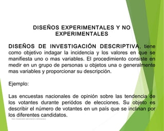DISEÑOS EXPERIMENTALES Y NO
EXPERIMENTALES
 
DISEÑOS DE INVESTIGACIÓN DESCRIPTIVA, tiene
como objetivo indagar la incidencia y los valores en que se
manifiesta uno o mas variables. El procedimiento consiste en
medir en un grupo de personas u objetos una o generalmente
mas variables y proporcionar su descripción.
 
Ejemplo:
 
Las encuestas nacionales de opinión sobre las tendencia de
los votantes durante periódos de elecciones. Su objeto es
describir el número de votantes en un país que se inclinan por
los diferentes candidatos.
ING: DAMARIS MENDOZA HINOJOSA
 