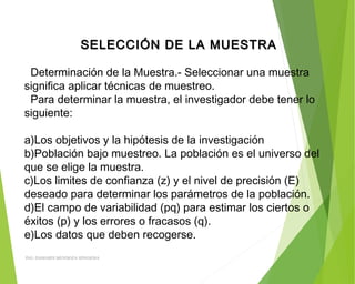 SELECCIÓN DE LA MUESTRASELECCIÓN DE LA MUESTRA
 
Determinación de la Muestra.- Seleccionar una muestra
significa aplicar técnicas de muestreo.
Para determinar la muestra, el investigador debe tener lo
siguiente:
 
a)Los objetivos y la hipótesis de la investigación
b)Población bajo muestreo. La población es el universo del
que se elige la muestra.
c)Los limites de confianza (z) y el nivel de precisión (E)
deseado para determinar los parámetros de la población.
d)El campo de variabilidad (pq) para estimar los ciertos o
éxitos (p) y los errores o fracasos (q).
e)Los datos que deben recogerse.
ING: DAMARIS MENDOZA HINOJOSA
 