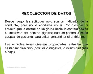 RECOLECCION DE DATOSRECOLECCION DE DATOS
 
Desde luego, las actitudes solo son un indicador de la
conducta, pero no la conducta en si. Por ejemplo: si
detecto que la actitud de un grupo hacia la contaminación
es desfavorable, esto no significa que las personas están
adoptando acciones para evitar contaminar el ambiente.
 
Las actitudes tienen diversas propiedades, entre las que
destacan: dirección (positiva o negativa) o intensidad (alta
o baja).
ING: DAMARIS MENDOZA HINOJOSA
 