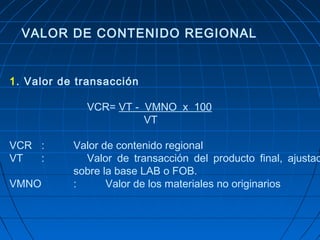 VALOR DE CONTENIDO REGIONAL 
1. Valor de transacción 
VCR= VT - VMNO x 100 
VT 
VCR : Valor de contenido regional 
VT : Valor de transacción del producto final, ajustado 
sobre la base LAB o FOB. 
VMNO : Valor de los materiales no originarios 
 