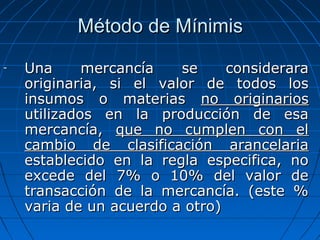 MMééttooddoo ddee MMíínniimmiiss 
- UUnnaa mmeerrccaannccííaa ssee ccoonnssiiddeerraarraa 
oorriiggiinnaarriiaa,, ssii eell vvaalloorr ddee ttooddooss llooss 
iinnssuummooss oo mmaatteerriiaass nnoo oorriiggiinnaarriiooss 
uuttiilliizzaaddooss eenn llaa pprroodduucccciióónn ddee eessaa 
mmeerrccaannccííaa,, qquuee nnoo ccuummpplleenn ccoonn eell 
ccaammbbiioo ddee ccllaassiiffiiccaacciióónn aarraanncceellaarriiaa 
eessttaabblleecciiddoo eenn llaa rreeggllaa eessppeecciiffiiccaa,, nnoo 
eexxcceeddee ddeell 77%% oo 1100%% ddeell vvaalloorr ddee 
ttrraannssaacccciióónn ddee llaa mmeerrccaannccííaa.. ((eessttee %% 
vvaarriiaa ddee uunn aaccuueerrddoo aa oottrroo)) 
 