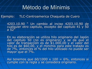 MMééttooddoo ddee MMíínniimmiiss 
EEjjeemmpplloo:: TTLLCC--CCeennttrrooaammeerriiccaa CChhaaqquueettaa ddee CCuueerroo 
44220033..1100..9900 ““ UUnn ccaammbbiioo aall iinncciissoo 44220033..1100..9900 ddee 
ccuuaallqquuiieerr oottrroo ccaappiittuulloo,, eexxcceeppttoo ddeell ccaappiittuulloo 4411 yy 5500 
aa 5522”” 
EEnn ssuu eellaabboorraacciióónn ssee uuttiilliizzaa hhiilloo oorriiggiinnaarriioo ddeell JJaappóónn 
ddeell ccaappiittuulloo 5500 ((nnoo eess oorriiggiinnaarriioo)) yy ssee ddaa qquuee eell 
vvaalloorr ddee ttrraannssaacccciióónn eess ddee $$11..000000,,0000 yy eell vvaalloorr ddeell 
hhiilloo eess ddee $$6600,,0000,, yy eell mmiinniimmiiss ppaarraa eessttee ttrraattaaddoo eess 
ddee 77%%,, eennttoonncceess eell %% ddeell hhiilloo uuttiilliizzaaddoo nnoo ppuueeddee sseerr 
mmaayyoorr qquuee eell 77%%.. 
AAssii tteenneemmooss qquuee 6600//11000000 xx 110000 == 66%%,, eennttoonncceess ssii 
ccuummppllee ccoonn llaa rreeggllaa yy ssee ccoonnssiiddeerraa oorriiggiinnaarriioo.. 
 