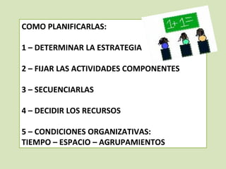 COMO PLANIFICARLAS: 1 – DETERMINAR LA ESTRATEGIA 2 – FIJAR LAS ACTIVIDADES COMPONENTES 3 – SECUENCIARLAS 4 – DECIDIR LOS RECURSOS 5 – CONDICIONES ORGANIZATIVAS:  TIEMPO – ESPACIO – AGRUPAMIENTOS 