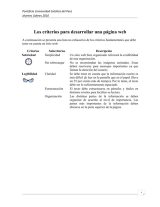 Pontificia Universidad Católica del Perú
Jóvenes Líderes 2010




         Los criterios para desarrollar una página web
A continuación se presenta una lista no exhaustiva de los criterios fundamentales que debe
tener en cuenta un sitio web:

   Criterios         Subcriterios                           Descripción
Sobriedad         Simplicidad         Un sitio web bien organizado reforzará la credibilidad
                                      de una organización.
                  Sin sobrecargar     No se recomiendan las imágenes animadas. Estas
                                      deben reservarse para mensajes importantes ya que
                                      llaman la atención del usuario.
Legibilidad       Claridad            Se debe tener en cuenta que la información escrita es
                                      más difícil de leer en la pantalla que en el papel (lleva
                                      un 25 por ciento más de tiempo). Por lo tanto, el texto
                                      debe ser lo suficientemente espaciado.
                  Estructuración      El texto debe estructurarse en párrafos y títulos en
                                      distintos niveles para facilitar su lectura.
                  Organización        Las distintas partes de la información se deben
                                      organizar de acuerdo al nivel de importancia. Las
                                      partes más importantes de la información deben
                                      ubicarse en la parte superior de la página.




                                                                                                  1
 