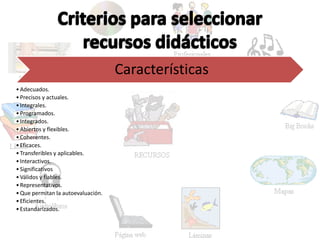 Características
• Adecuados.
• Precisos y actuales.
• Integrales.
• Programados.
• Integrados.
• Abiertos y flexibles.
• Coherentes.
• Eficaces.
• Transferibles y aplicables.
• Interactivos.
• Significativos
• Válidos y fiables.
• Representativos.
• Que permitan la autoevaluación.
• Eficientes.
• Estandarizados.