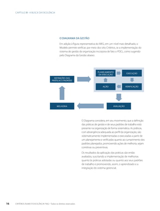 O DIAGRAMA DA GESTÃO 
Em adição à figura representativa do MEG, em um nível mais detalhado, o 
Modelo permite verificar, por meio dos oito Critérios, se a implementação do 
sistema de gestão da organização incorpora de fato o PDCL, como sugerido 
pelo Diagrama da Gestão abaixo: 
O Diagrama considera, em seu movimento, que a definição 
das práticas de gestão e de seus padrões de trabalho está 
presente na organização de forma sistemática. As práticas, 
com abrangência adequada ao perfil da organização, são 
sistematicamente implementadas e executadas a partir de 
um planejamento e verificadas quanto ao cumprimento dos 
padrões planejados, promovendo ações de melhoria, sejam 
corretivas ou preventivas. 
Os resultados da aplicação das práticas são então 
avaliados, suscitando a implementação de melhorias 
quanto às práticas adotadas ou quanto aos seus padrões 
de trabalho e promovendo, assim, o aprendizado e a 
integração do sistema gerencial. 
Capítulo 1 - A busca da excelência 
DEFINIÇÕES DAS 
PRÁTICAS E PADRÕES 
melhoria 
planejamento 
da execução execução 
verificação 
avaliação 
ação 
16 CRITÉRIOS RUMO À EXCELÊNCIA FNQ – Todos os direitos reservados 
 