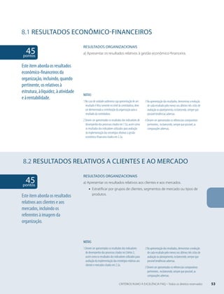 8.1 RESULTADOS ECONôMICO-FINANCEIROS 
RESULTADOS ORgANIZACIONAIS 
a) Apresentar os resultados relativos à gestão econômico-financeira. 
NOTAS 
1 No caso de unidade autônoma cuja apresentação de um 
resultado é feita somente no nível da controladora, deve 
ser demonstrada a contribuição da organização para o 
resultado da controladora. 
2 Devem ser apresentados os resultados dos indicadores de 
desempenho dos processos citados em 7.3a, assim como 
os resultados dos indicadores utilizados para avaliação 
da implementação das estratégias relativas à gestão 
econômico-financeira citados em 2.2a. 
45 pontos 
8.2 RESULTADOS RELATIVOS A CLIENTES E AO MERCADO 
RESULTADOS ORgANIZACIONAIS 
a) Apresentar os resultados relativos aos clientes e aos mercados. 
ƒƒ Estratificar por grupos de clientes, segmentos de mercado ou tipos de 
produtos. 
NOTAS 
1 Devem ser apresentados os resultados dos indicadores 
de desempenho dos processos citados no Critério 3, 
assim como os resultados dos indicadores utilizados para 
avaliação da implementação das estratégias relativas aos 
clientes e mercados citados em 2.2a. 
Este item aborda os resultados 
econômico-financeiros da 
organização, incluindo, quando 
pertinente, os relativos à 
estrutura, à liquidez, à atividade 
e à rentabilidade. 
45 pontos 
Este item aborda os resultados 
relativos aos clientes e aos 
mercados, incluindo os 
referentes à imagem da 
organização. 
3 Na apresentação dos resultados, demonstrar a evolução 
de cada resultado pelo menos nos últimos três ciclos de 
avaliação ou planejamento, esclarecendo, sempre que 
possível tendências adversas. 
4 Devem ser apresentados os referenciais comparativos 
pertinentes, esclarecendo, sempre que possível, as 
comparações adversas. 
2 Na apresentação dos resultados, demonstrar a evolução 
de cada resultado pelo menos nos últimos três ciclos de 
avaliação ou planejamento, esclarecendo, sempre que 
possível tendências adversas. 
3 Devem ser apresentados os referenciais comparativos 
pertinentes, esclarecendo, sempre que possível, as 
comparações adversas. 
CRITÉRIOS RUMO À EXCELÊNCIA FNQ – Todos os direitos reservados 53 
 